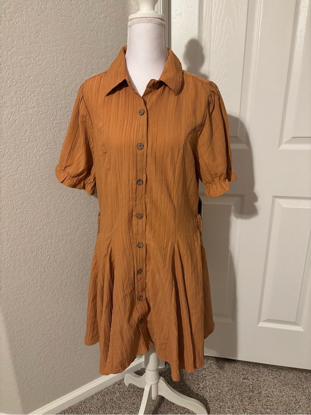 Button-Front Mustard Short Sleeve Shirt Dress
